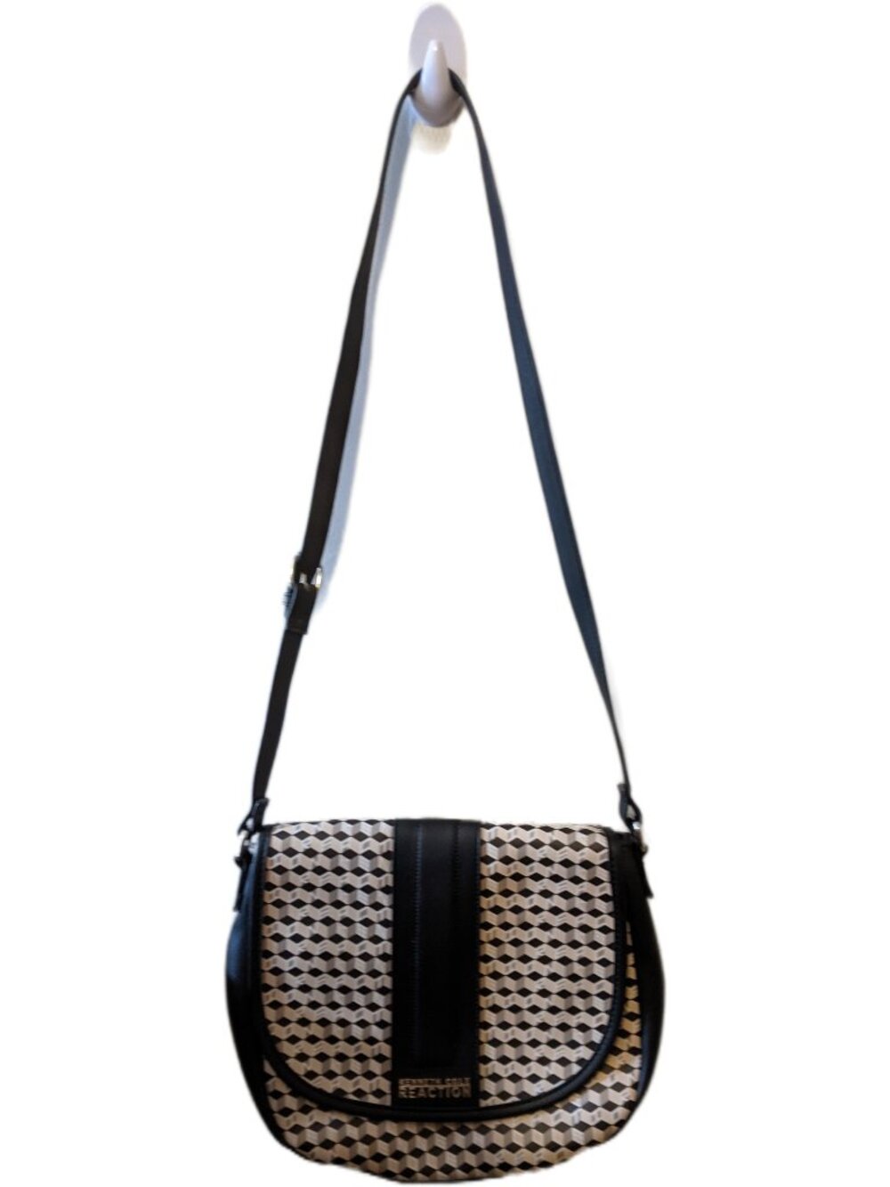 Kenneth Cole Reaction Geometric 3D Cube Pattern Saddle Bag Crossbody Black Beige
